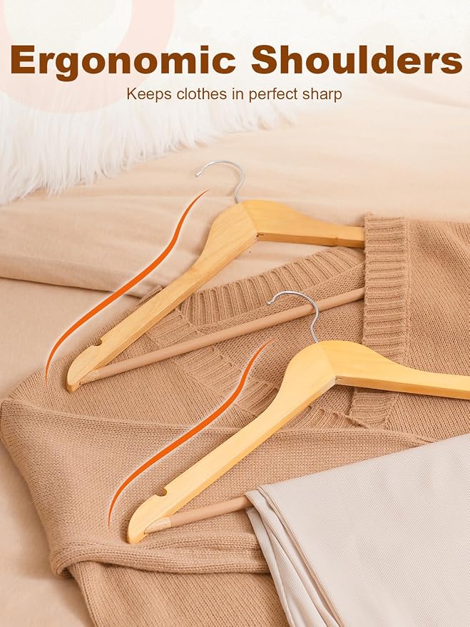 HOUSE DAY Bulk Wooden Hangers 80 Pack, Solid Wood Hanger with Non Slip Pant Bar, Heavy Duty Wooden Coat Hanger for Closet, Smooth Finish Wood Clothes Hangers for Shirts, Suits Jackets, Dress, Natural - Image 5