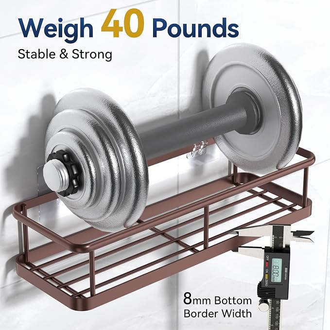 YASONIC Shower Caddy Adhesive, No Drill Bathroom Shower Organizers, with Removable Hooks, Rust Proof Shower Shelves, Wall-Mounted Shower Holder, 2 Pack Bronze - Image 3