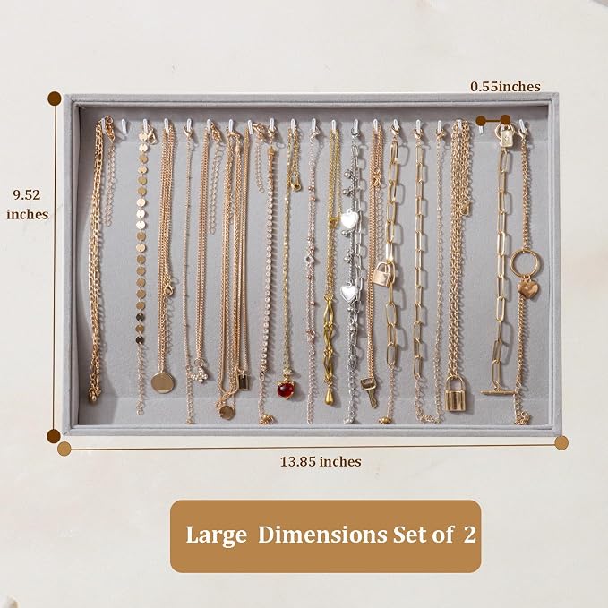 Large Velvet Jewelry Tray 2 Pack Stackable Jewelry Display Drawer Inserts Trays Organizer for Earring Bracelet Necklace Ring (Gray, 20 Hooks) - Image 3