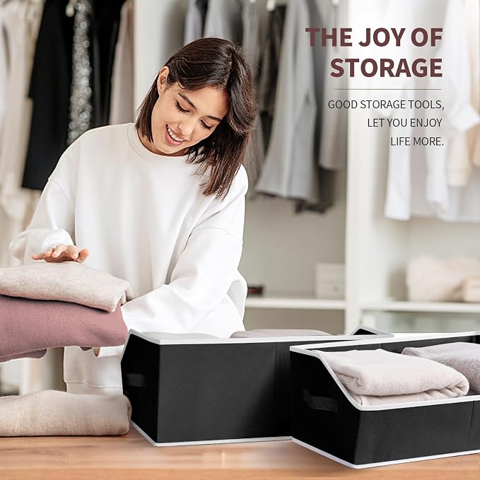 Homsorout Storage Bins for Shelves - Large Trapezoid Closet Shelf Organizer, Fabric Organization Bins with Handles, Storage Baskets for Clothes, Towel, Blanket, 4 Pack, Black - Image 4