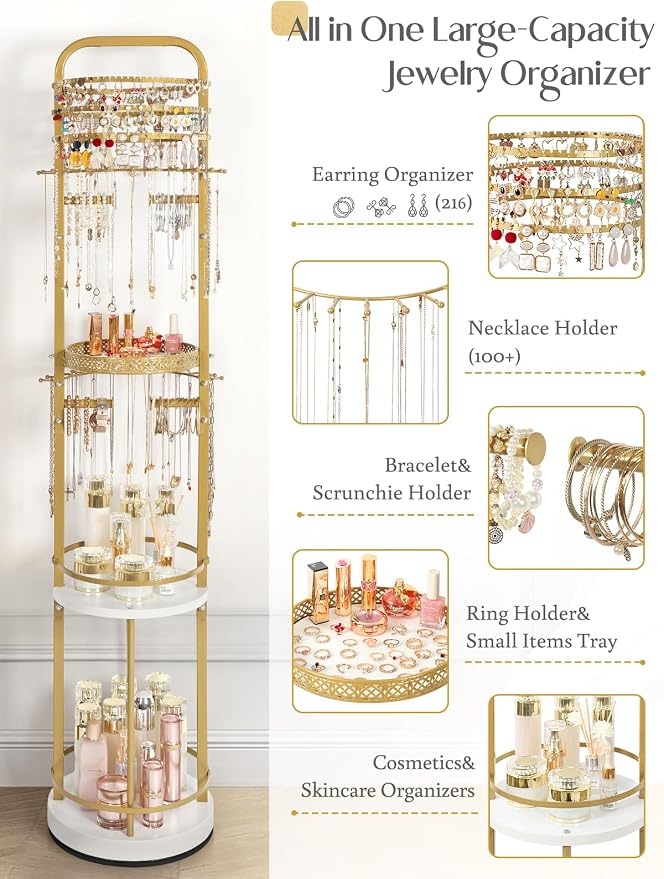 Jewelry Holder Organizer, Floor Jewelry Organizer with Earring Organizer Necklace Holder, Rotating Jewelry Stand Necklace Display Earring Storage, Large Hanging Jewelry Tree for Jewlery Bracelet Ring - Image 2