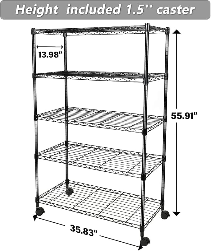 Simple Deluxe Heavy Duty 4-Tier Storage Shelving Unit, 35.83" W x 13.98" D x 55.91" H, 1000 Lbs Loading Capacity, Black - Image 3