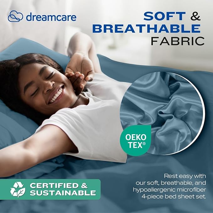 DREAMCARE Twin XL Sheet Sets - 4 pcs Breathable Cooling Bed Sheets - up to 15" Deep Pocket Twin XL Sheets Set with Side Pockets - Extra Soft 100% Brushed Hypoallergenic Hotel Luxury Bedding Mnrl Blue