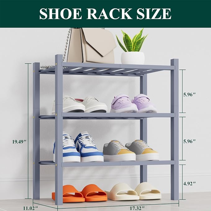 Smiry Shoe Rack, 3 Tier Thick Small Bamboo Shoe Organizer, Stackable Free Standing Wooden Shoe Storage Shelf for Closet, Entryway, Front Door Entrance, Grey - Image 2