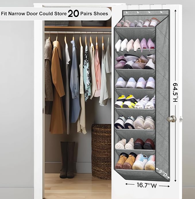SLEEPING LAMB Over The Door Shoe Organizer for Closet with Large Deep Pockets, Narrow Shoe Rack for Door Hanging Boots Storage, Grey - Image 2