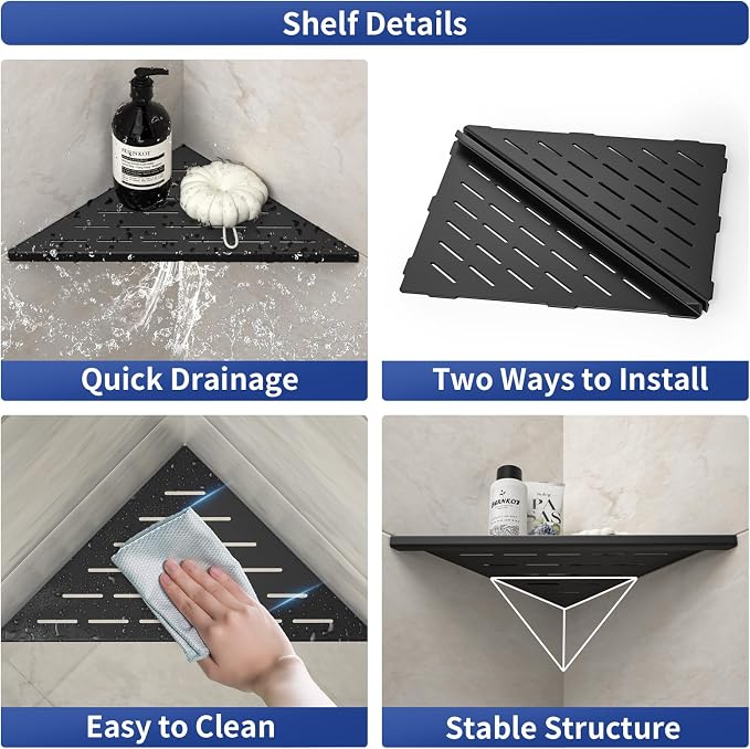 Corner Shower Shelf, 12" Matte Black 304 Stainless Steel Slot Design Recessed Corner Shelves 2 Pack Bathroom Grout in Shelf for Tiled Wall, Large Size - Image 3