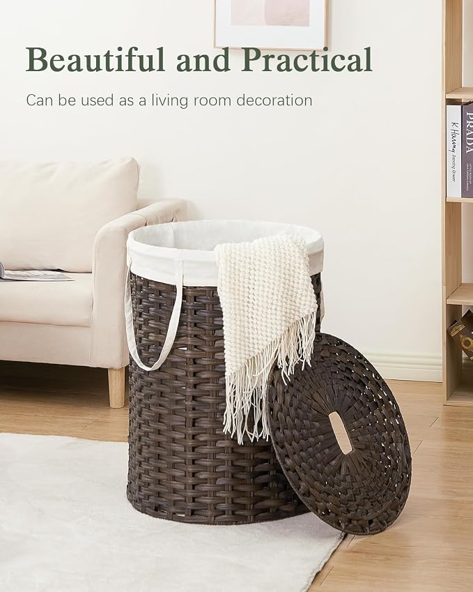 SETVSON Laundry Basket with Lid Round Rattan Laundry Hamper with Lid and Handles 29.1 Gal (110 L) Handwoven Woven Basket with Removable Bags and 2 Mesh Bags for Bathroom Living Room Brown - Image 7