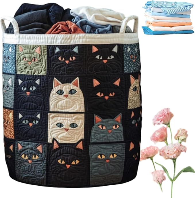 Quilted Laundry Basket with Handles, Boho Floral Fabric Storage Hamper, Large Soft Quilted Laundry Basket for Nursery, Bedroom, Laundry Room,Clothes & Toys (R, M) by qusanii