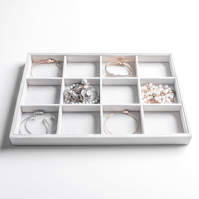 Frebeauty Stackable Velvet Jewelry Organizer Trays for Drawers Inserts Jewelry Storage Tray Display Case, Stud Earrings Bracelets Necklace Rings Accessories Trays for Women(Set of 2)(White) - Image 4