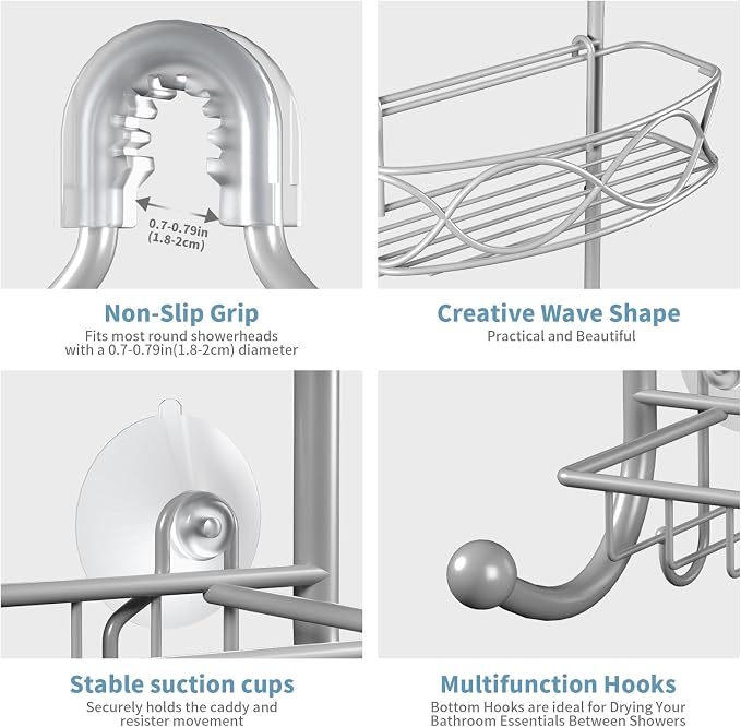 GAOKASE Shower Caddy Hanging 3 Tier with Two Movable Baskets, Grey Shower Caddy with Hooks for Towels, Sponge and More - Image 7