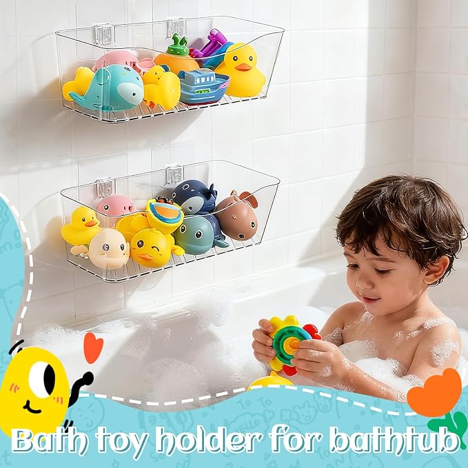 MIUKAA 2 Pack Large Bath Toy Storage Organizer, Clear Bath Toy Holder for Bathtub, Plastic Shower Toy Holder, Fast drainage, No Drilling Required, Easy to Install - Image 3
