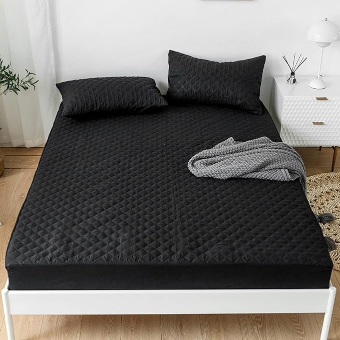 jejeloiu Black Quilted Mattress Pad, 100% Waterproof Breathable Full Bedding Fitted Sheet Mattress Protector 14" Deep Pocket Cotton Snow Down Alternative Filling Mattress Cover (Full,Black)