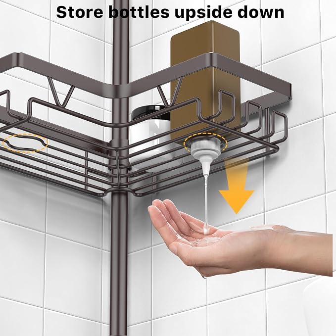 KEGII Shower Caddy Tension Pole with 2 Towel Bars, Adjustable Corner Bathroom Organizer, Rustproof Bathtub Storage Shelves for Shampoo, 25–114.2 Inch Shower Corner Rack for Renters & Family, Bronze - Image 5