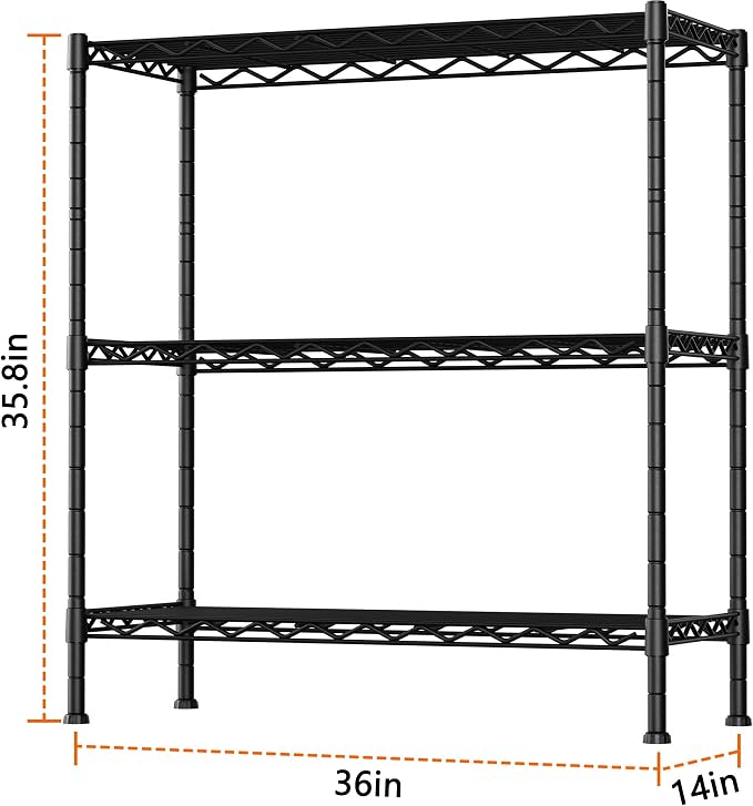 Soywey 3-Shelf Adjustable Heavy Duty Storage Shelves,36" Wx14 Dx35.8 H Metal Organizer Wire Rack for Laundry Bathroom Kitchen Pantry Closet Garage Shelving Black - Image 3