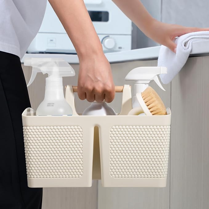 rejomiik Portable Shower Caddy Basket Plastic Cleaning Caddy Organizer Storage Tote with Handle for Bathroom, College, Dorm Room Essentials, Cream - Image 5