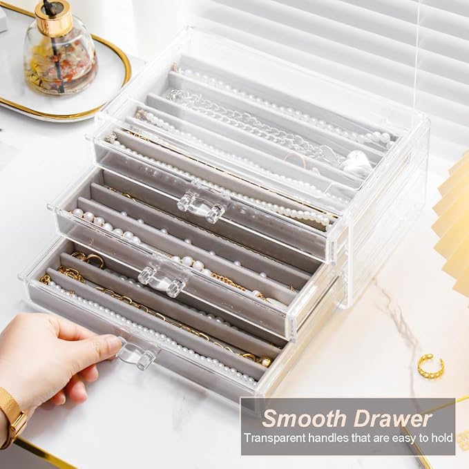 YUFONG Necklace Holder Organizer, Dustproof Necklace Box Velvet Necklace Organizer Box with Lid Clear Acrylic Dustproof Stackable Jewelry Displays for Necklaces Chain Display (Gray, 3 Drawer) - Image 4