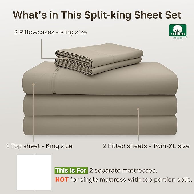 California Design Den Split King Sheet Set - 100% Cotton, Luxury 600 Thread Count, Breathable Split King Size Sheets for Adjustable Bed, Luxury Durable Sheets with Soft Sateen Weave (Cool Taupe)