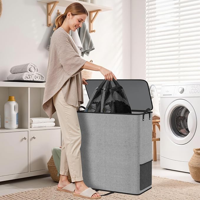 Large Double Laundry Hamper with Lid, Removable Bags & Reinforced Handles, 2 Section Tall Laundry Basket, Dirty Clothes Hampers for Laundry Room, Bedroom, Bathroom, Dorm, 136L, Gray - Image 7