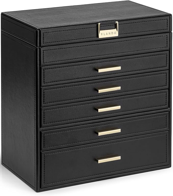 VLANDO 6 Layer Large Jewelry Box - Jewelry Holder Organizer, Jewelry Box Organizer for Drawer Necklace Ring Bracelet and Watch, Birthday Gift for Loved Ones - Black by VLANDO