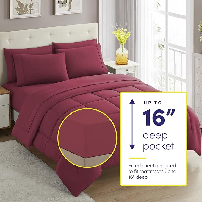 Sweet Home Collection 7 Piece Comforter Set Bag Solid Color All Season Soft Down Alternative Blanket & Luxurious Microfiber Bed Sheets, Burgundy, Twin XL