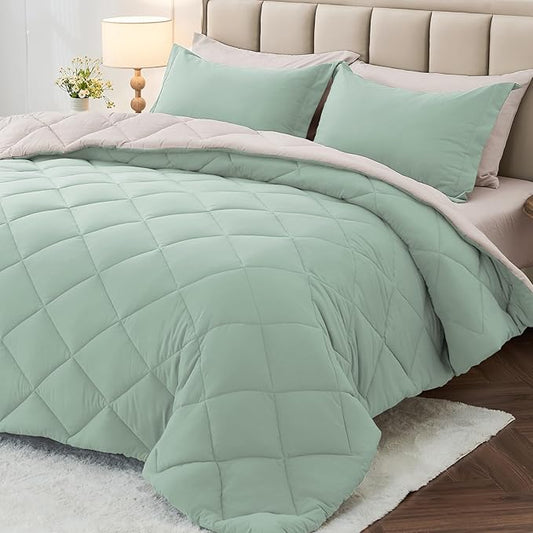MUXHOMO 5 Pieces Twin Comforter Set, Reversible Bed in a Bag Twin Size, All Season Bedding Set with Comforter, Flat Sheet, Fitted Sheet, Pillowcases & Shams, Sage Green & Beige