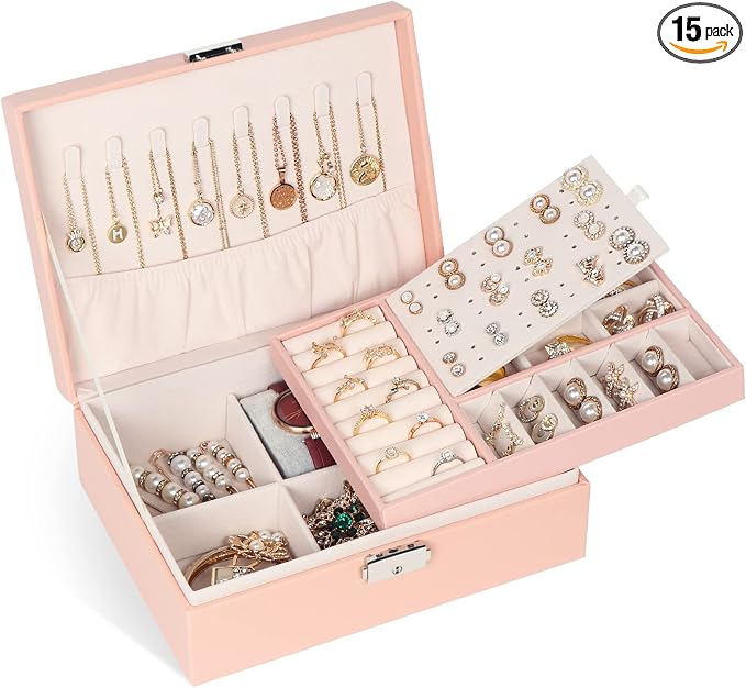 Jewelry Box for Women Girls, 2 Layers Jewelry Organizer Container with Lock, PU Leather Storage Case with Removable Tray, Jewelry Display Box for Necklaces Earrings Bracelets Rings Watches (Pink) by Hatori