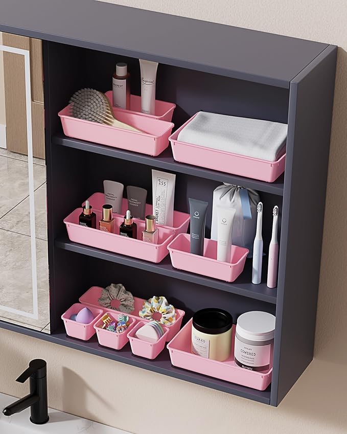 BiuLeon 25 PCS Plastic Drawer Organizers Set, 4-Sizes Vanity and Makeup Organizer, Desk and bathroom Drawer Organizer Trays, Organizers and Storage for Makeup, Jewelry, Gadgets, Utensils (Pink) - Image 6