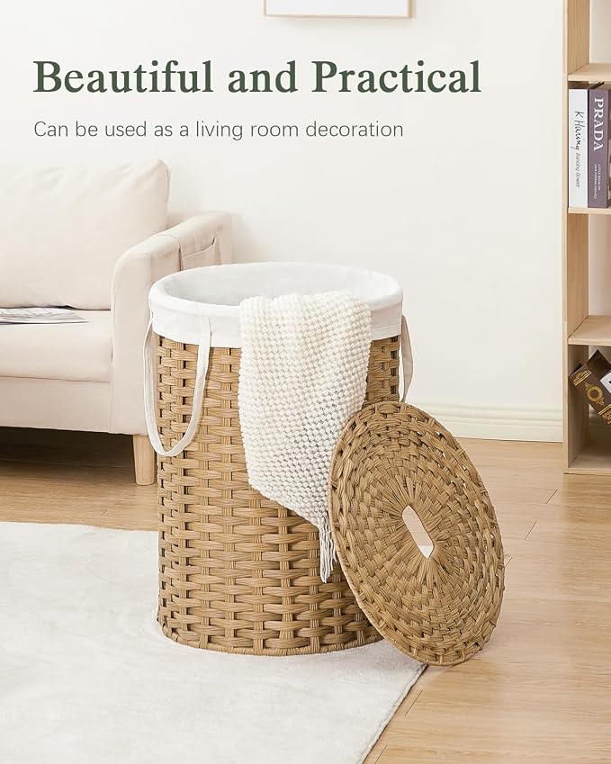 SETVSON Laundry Basket with Lid Round Rattan Laundry Hamper with Lid and Handles 29.1 Gal (110 L) Handwoven Woven Basket with Removable Bags and 2 Mesh Bags for Bathroom Living Room Natural - Image 7