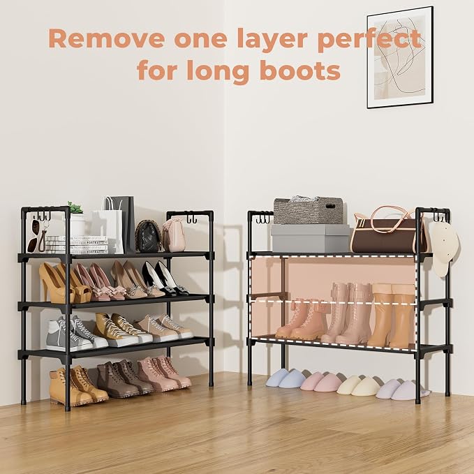 LANTEFUL 3 Tier Shoe Rack for Closet, Shoe Organizer with 5 Hooks, Long Shoe Shelf Storage for Sneaker and Boot Stackable Free Standing Shoe Rack for Entryway, Garage, Small Spaces, Dorm - Image 6