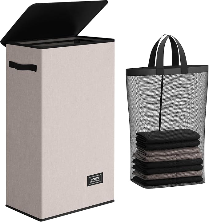 SOLEDI Slim Laundry Hamper with Lid, Narrow Laundry Basket with Removable Bags, Dirty Clothes Hamper with handle, Small Hamper perfect for Laundry room, Bathroom, Bedroom, Small spaces.Light taupe by SOLEDI