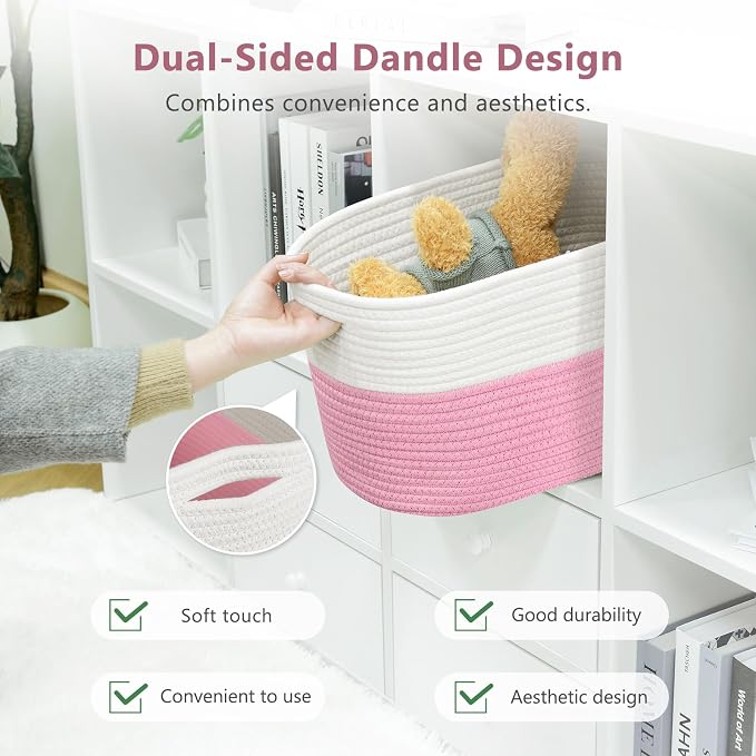 ECDYQXVU Cotton Rope Shelf Storage Basket, 15x10x9 in, Shelf Storage Baskets for Clothes, Towels, Books, Laundry (White/ Pink, 2 Pack) - Image 4