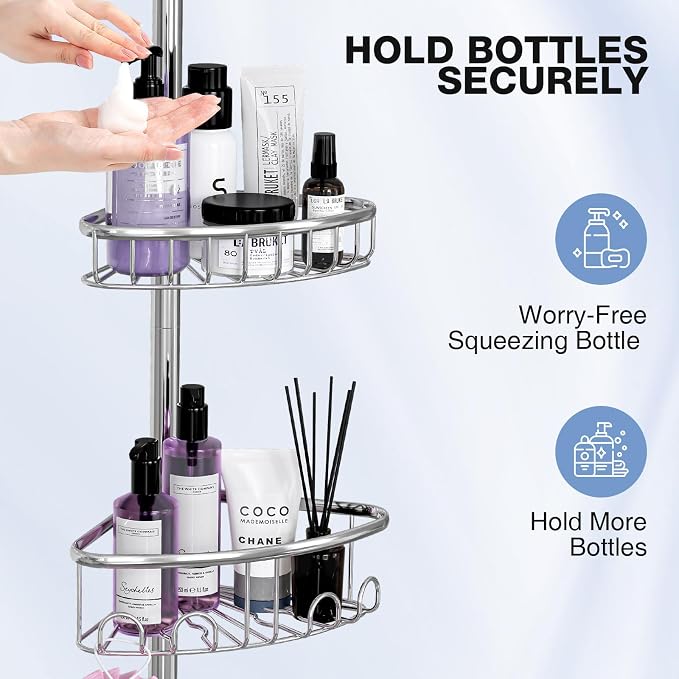 Corner Shower Caddy Tension Pole: Stainless Steel Rustproof 4-Tier Shower Organizer - 47-121 inch Adjustable Bathroom Shelves for Bathtub Shampoo Storage - Tension Rod Floor Standing Bath Rack - Image 5