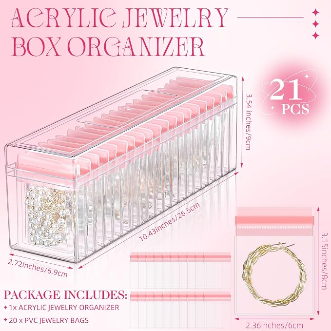 Kenning 21 Pcs Acrylic Jewelry Case Organizer, Clear Jewelry Organizers Holder with Portable Anti Tarnish Storage Bags for Rings, Earrings, Necklaces, Ideal Gifts for Women (Pink) - Image 2