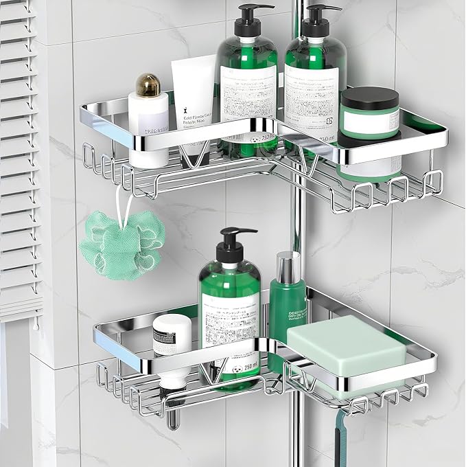 DAOYA Corner Shower Caddy Tension Pole - Chrome Tension Rod Shower Caddy Adjustable Shampoo Holder for Bathroom/Bathtub/RV, Stainless Steel, Floor to Ceiling 25-114.2 inch - Image 3