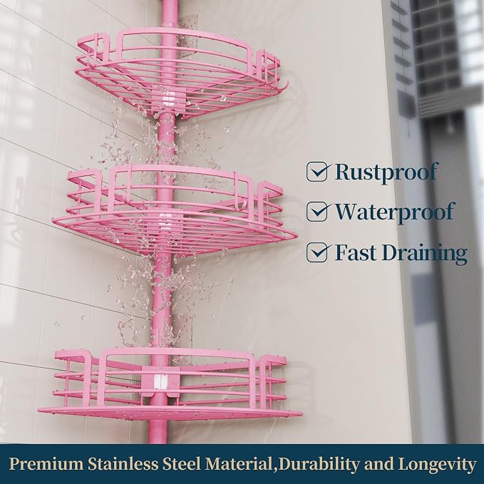 Consumest Corner Shower Caddy Tension Pole - Rustproof Shower Shelves with Towel Bar & Soap Holder, Adjustable Bath Organizer for Bathroom Storage, 27.6-108.3 inch, Pink - Image 5