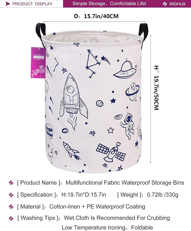 Laundry Hamper Large Canvas Fabric Lightweight Storage Basket/Toy Organizer/Dirty Clothes Collapsible Waterproof for College Dorms, Boys and Girls Bedroom,Bathroom(Spaceships) - Image 2