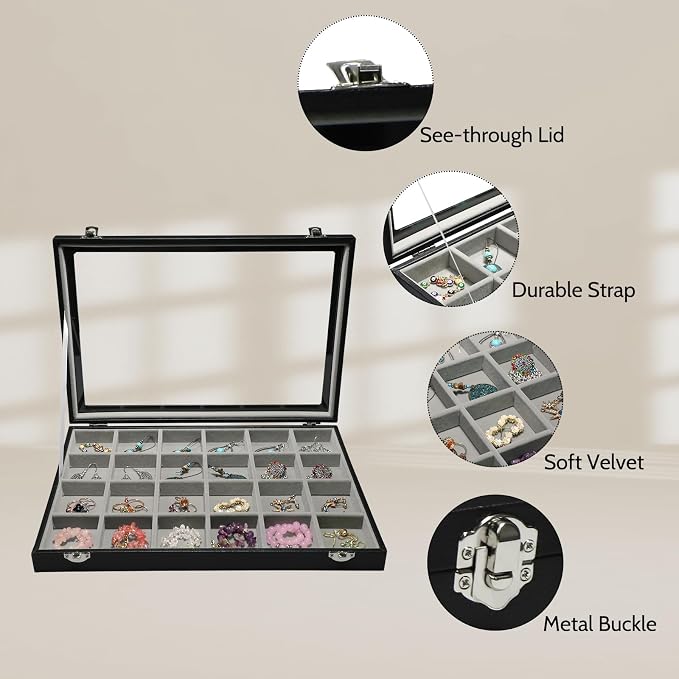 Stratalife Earring Organizer Velvet Jewelry Organizer Box 24 Grid Earring Tray Jewelry Display Jewelry Storage Jewelry Trays For Drawers Jewelry Display Case With Clasp (Gray Black) - Image 5