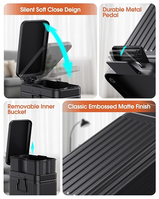 Small Trash Can with Lid Soft Close-10L/2.6 Gal Stainless Steel Outdoor Dog Poop Garbage Can-Metal Waste Bins with Pedal for Bathroom Bedroom Office-Black - Image 6