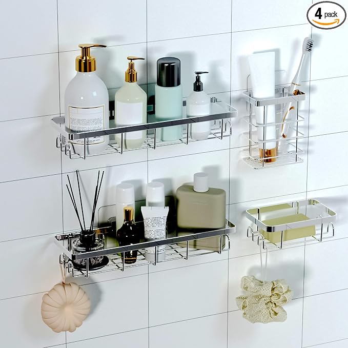 Shower Caddy Organizer with Hooks,Self Adhesive Bathroom Shelves,No Drilling Bathroom Organizers and Storage,Perfect for RV, Apartment, Home Decor,Silvery 4PCS by Unknown
