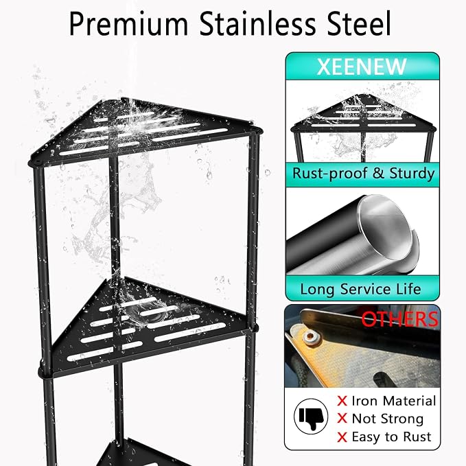 Standing Shower Caddy Corner, 3 Tier Stainless Steel Shower Organizer Stand, Rustproof Corner Shower Shelves, Corner Shower Caddy Bathroom Shower Stand, Black - Image 3