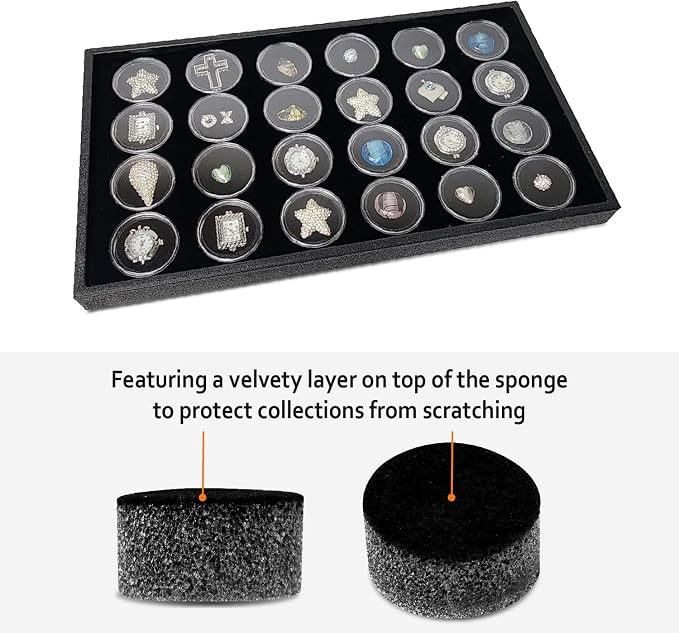 Ikee Design 24 Gem Showcase Stackable Jewelry Display Tray for Collectibles, Rock Storage Box Gemstones Bead Storage Jars, Black Foam, Black Tray, 14 7/8W x 8 3/8D x 1H in - Image 3