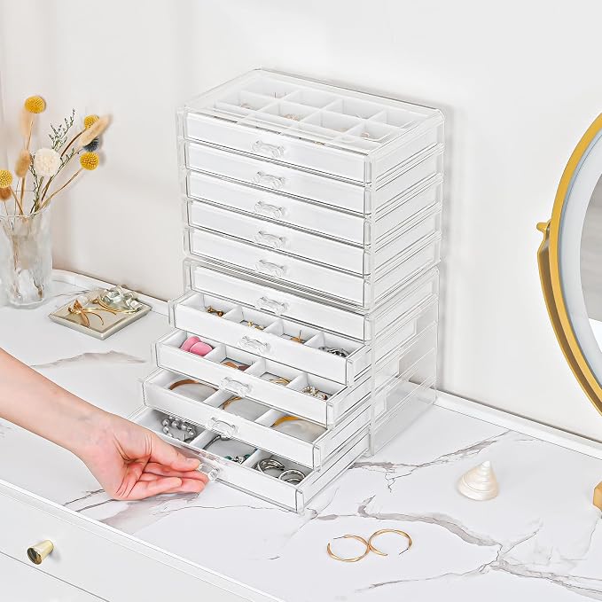 ProCase Earring Holder Organizer Jewelry Box with 10 Drawers, Acrylic Clear Earring Case with Adjustable Velvet Trays for Women - Warmwhite,10 Layers - Image 3