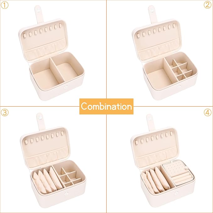 2 Layer Portable Jewelry Box, Large Jewelry Travel Case with 4 Jewelry Pouches, Medium Size Jewelry Organizer Box for Earrings, Necklaces, Bracelets (beige) - Image 3
