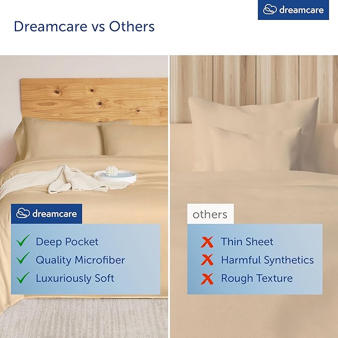 DREAMCARE Queen Sheet Set - 6 pcs Breathable Cooling Bed Sheets - up to 15" Deep Pocket Queen Sheets Set with Side Pockets - Extra Soft 100% Brushed Hypoallergenic Hotel Luxury Bedding - Wheat