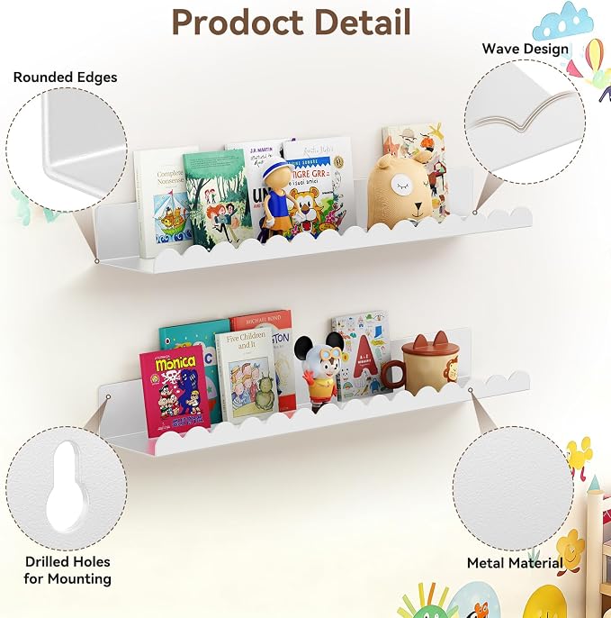 Floating Shelves for Wall, 23 Inch Metal Nursery Book Shelves 4 Pack, Wall Mounted Book Shelf for Kids Room, Bedroom, Bathroom, Playroom Decor （White） - Image 4