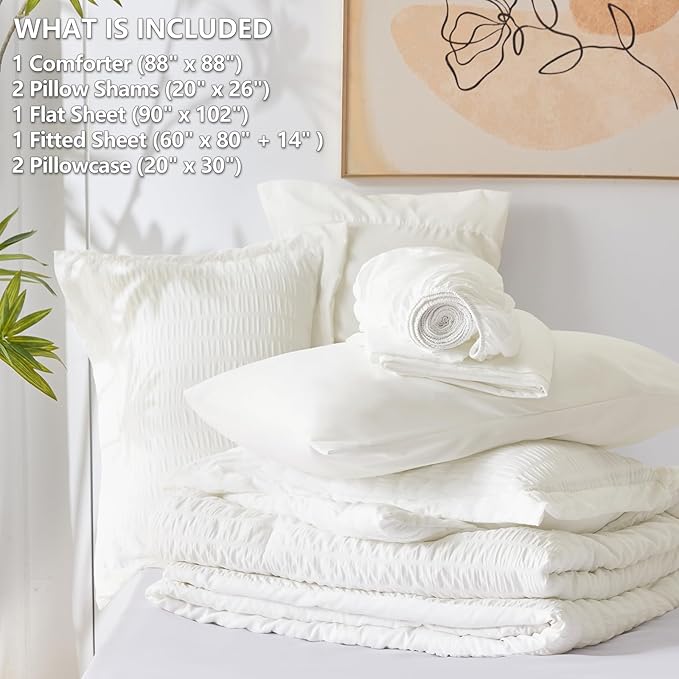 CozyLux Queen Comforter Set Ivory Seersucker 7 Pieces Bed in a Bag Queen Comforter Set with Sheets, Luxury Soft Bedding Sets with Down Alternative Comforter, Sheets, Pillowcases & Shams for All Season