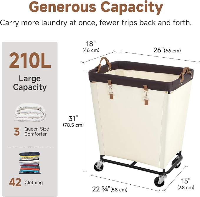 StorageWorks 210L Laundry Basket with Wheels, Extra Large Rolling Hampers for Clothing Organizer, Dirty Clothes Basket for Hotel, Home, Closet, Dorm, Beige - Image 3