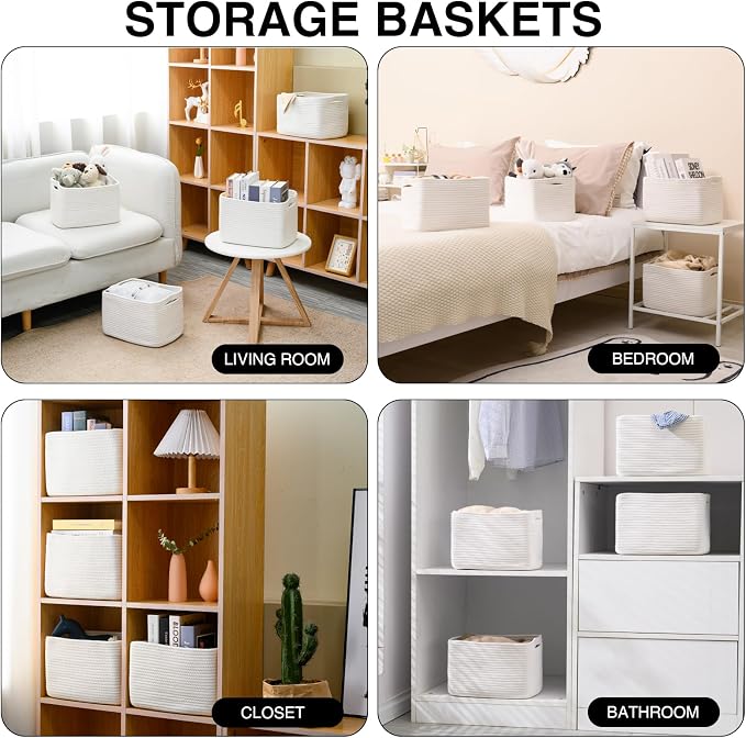 ICERZCZ Storage Baskets for Organizing, Woven Basket for Storage, Storage Baskets Bin for Shelves, Cotton Rope Basket with Handles, 12.5"Lx9.1"Wx7.9"H, (4 Packs) Off White - Image 4