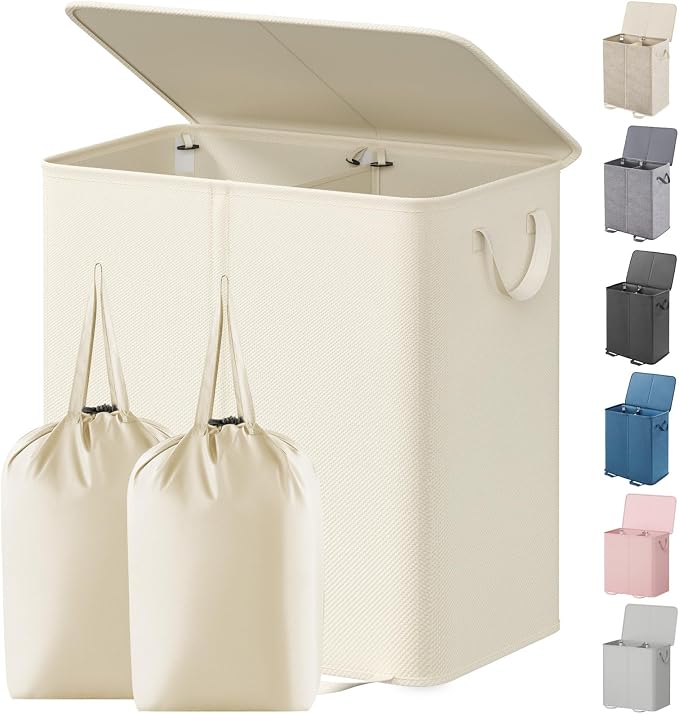 Lifewit Double Laundry Hamper with Lid and Removable Laundry Bags, Large Collapsible 2 Dividers Dirty Clothes Basket with Handles for Bedroom Laundry Room Closet Bathroom College, 136L Ivory White by Lifewit