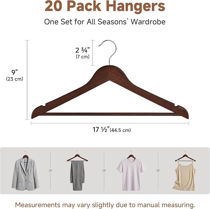 StorageWorks Wooden Hangers 20 Pack, Wood Coat Hangers for Closet, Heavy Duty Clothes Hangers for Suits, Shirts, Pants, Jackets, Walnut Color - Image 2